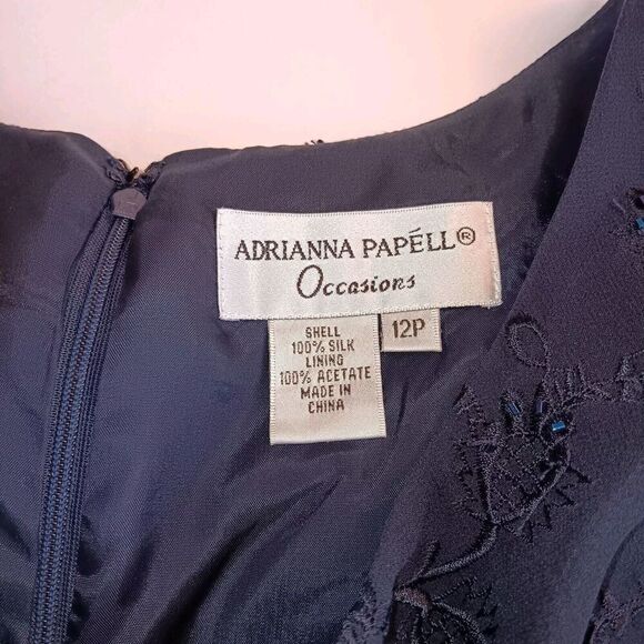 Adrianna Pappell Ocassions Sz 12P Navy Blue Silk Evening Maxi Dress w/Sequin - Picture 6 of 11